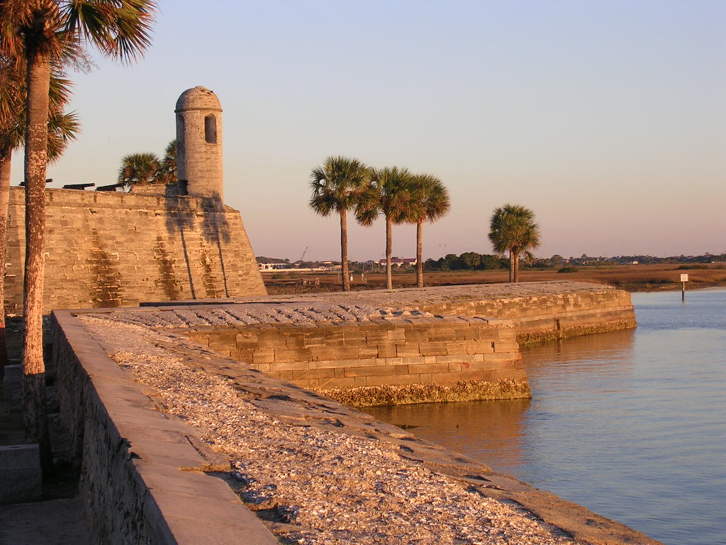 The Castillo de San Marcos water battery, coquina walls and watchtower beside Matanzas Bay